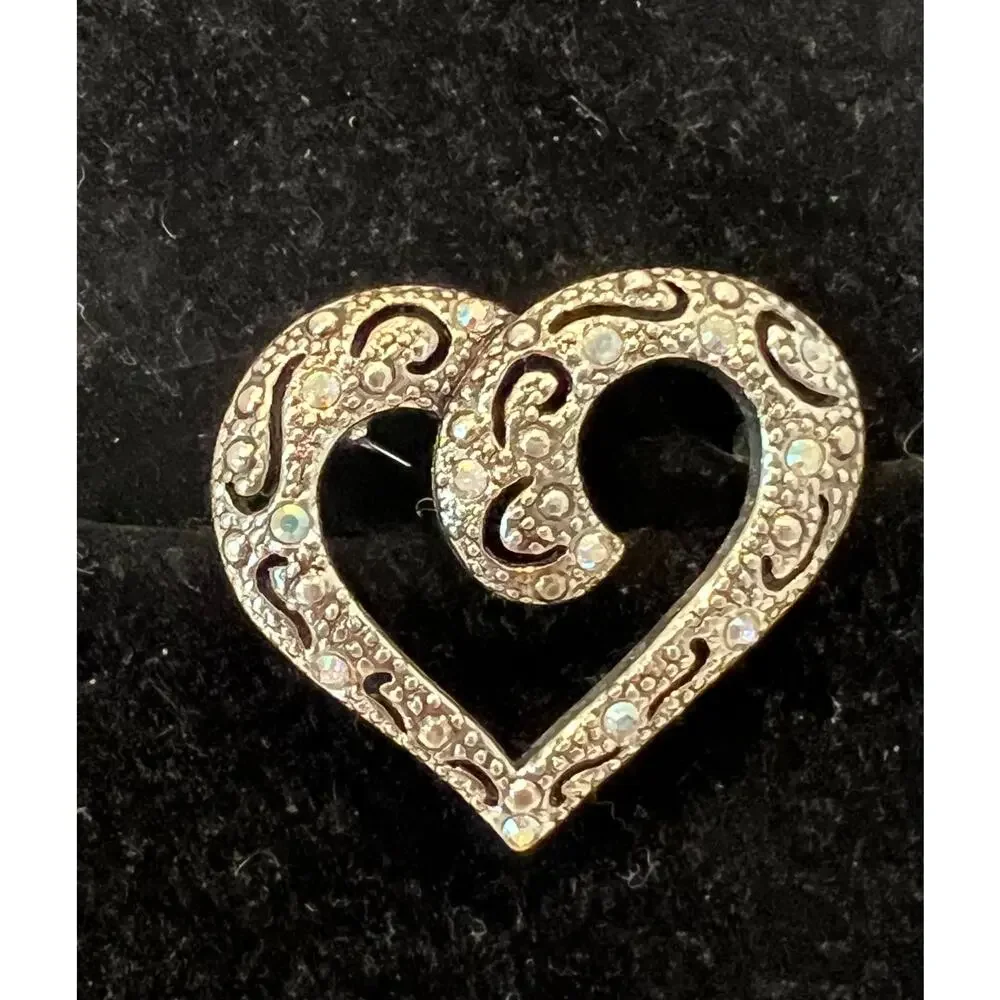 NWOT Faux Marcasite‎ Heart with Aurora Borealis Crystal Rhinestones Brooch Pin
